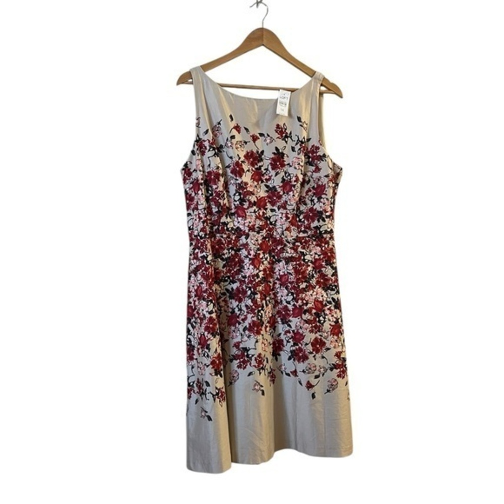 NWT LOFT Ivory & Red Fit & Flare Back V Floral Dress, Light Cotton Sateen, 14